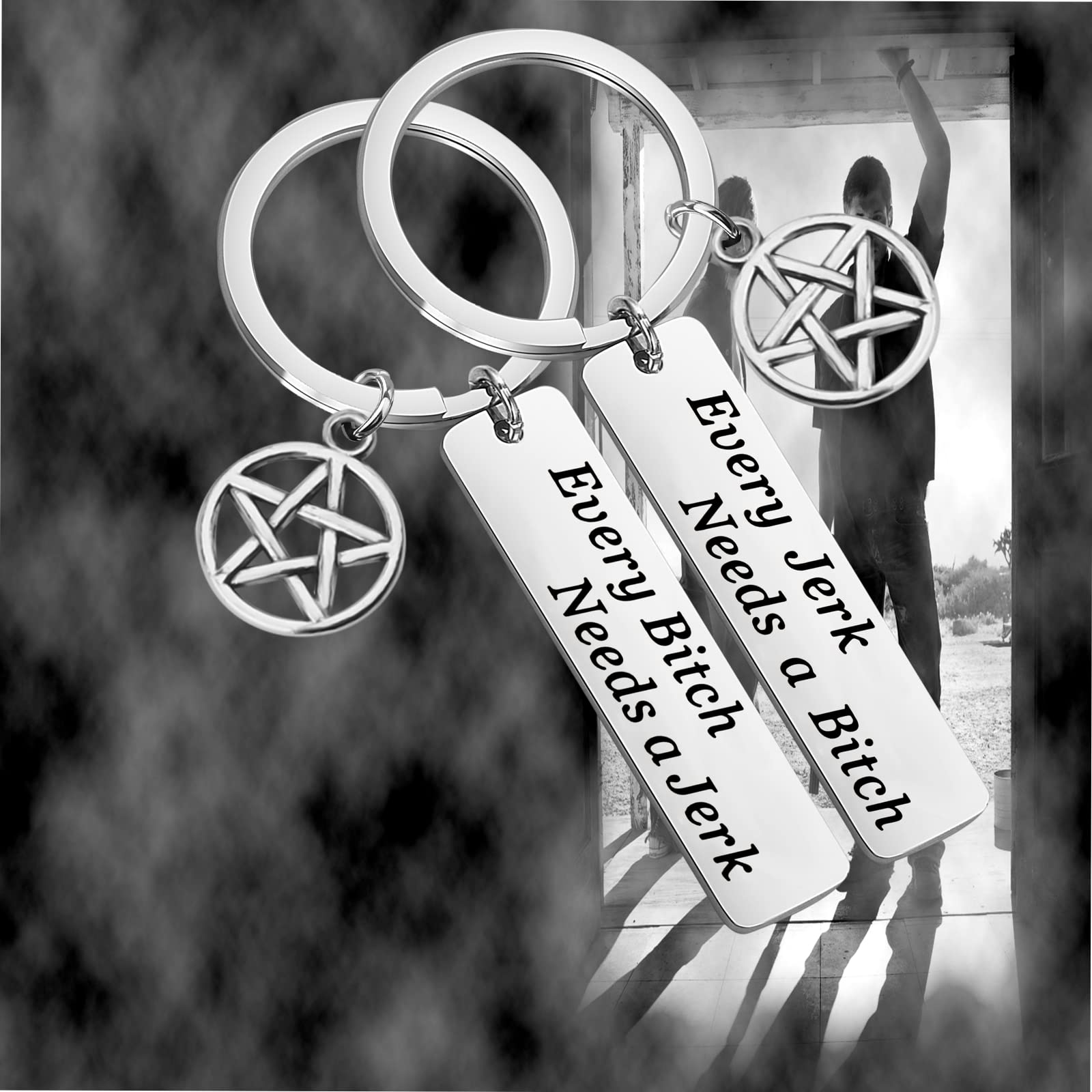 LQRI SPN Jewelry Bitch Jerk Keychain Every Jerk Needs a Bitch Best Friend Keychain TV Show Theme Gifts (silver)