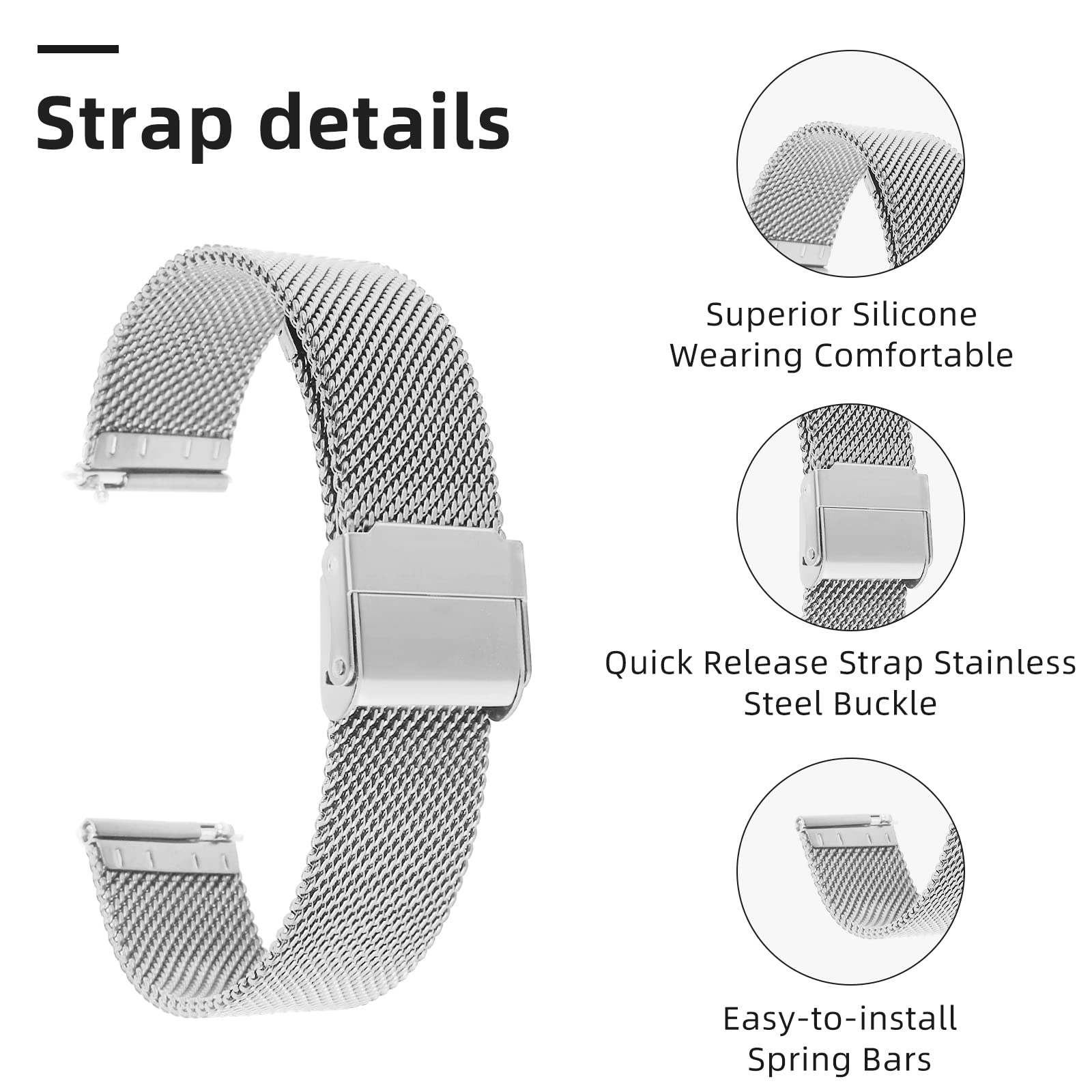 cobee Milanese Mesh Watch Bands, Quick Release Replacement Watch Straps Adjustable Stainless Steel Watchbands for Men Women Universal Metal Mesh Straps Compatible with 20mm Lug Width(Silver, 20mm)