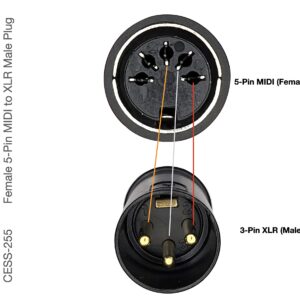 CESS-255 MIDI to XLR Cable, Female 5-Pin MIDI to 3-Pin XLR Male Plug Adapter for Fog Machines and MIDI to XLR Conversion Devices, 6 Inches, 2 Pack