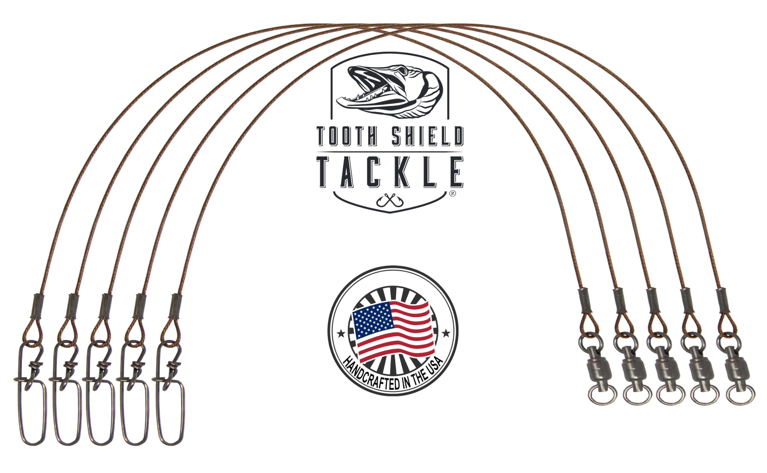 Tooth Shield Tackle 5 Pack 90 lb 10" Premium 49 Strand Wire Musky Leaders Muskie Pike Leader Ball Bearing Swivel Stay-Lok Snap