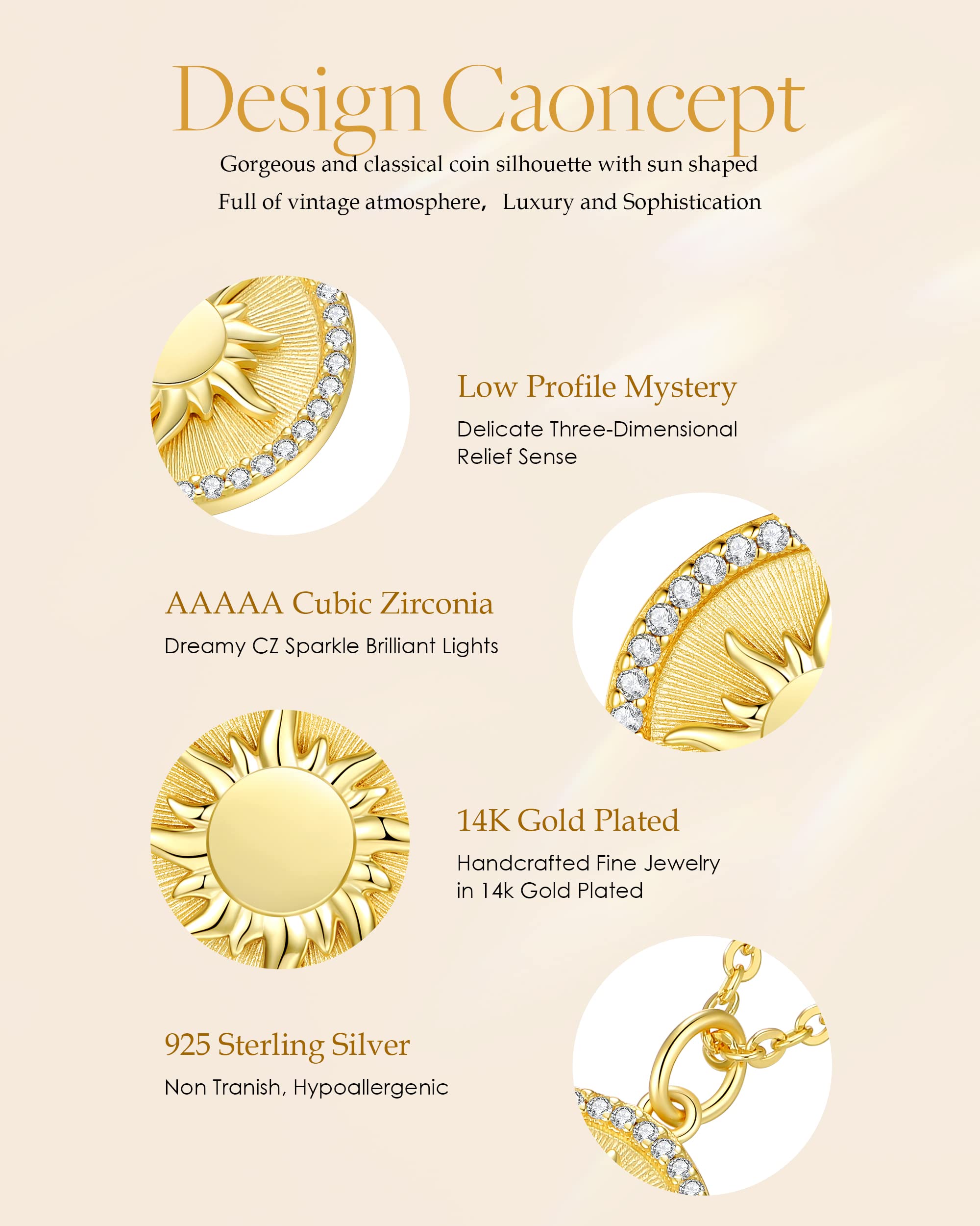 CDE 14K Gold Plated Sun Coin Birthstone Pendant Necklaces for Women 925 Sterling Silver, Christmas Birthday Anniversary Jewelry Gift for Women Girlfriend Mom Daughter Her