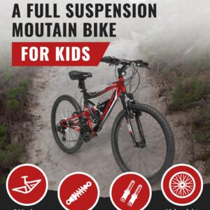 Hyper Kids Mountain Bike 24 Inch Youth Downhill Mountain Bike. Shimano 18 Speed Twist Shifters and Steel MTB Bike Frame. Full Suspension Mountain Bike. Shocker (Red/Black)