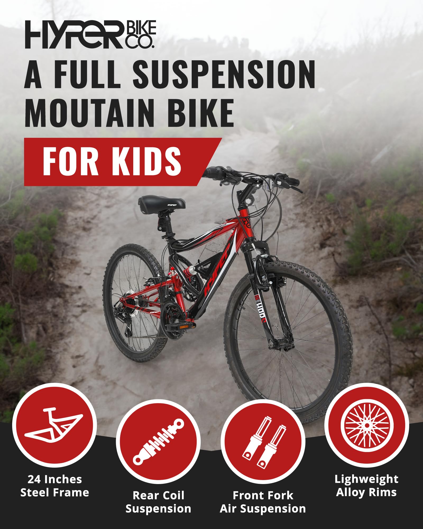 Hyper Kids Mountain Bike 24 Inch Youth Downhill Mountain Bike. Shimano 18 Speed Twist Shifters and Steel MTB Bike Frame. Full Suspension Mountain Bike. Shocker (Red/Black)