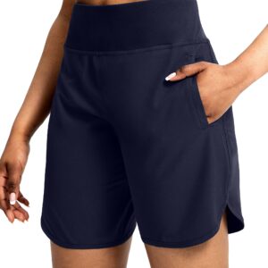 Soothfeel Women's Running Shorts with Zipper Pockets 7 Inch Long High Waisted Athletic Workout Gym Summer Shorts for Women (Navy, XXL