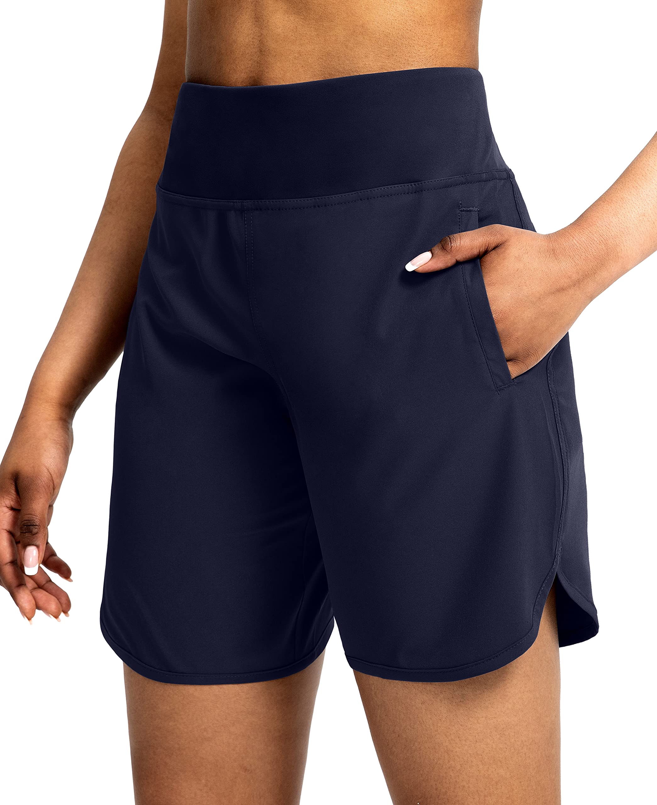 Soothfeel Women's Running Shorts with Zipper Pockets 7 Inch Long High Waisted Athletic Workout Gym Summer Shorts for Women (Navy, XXL