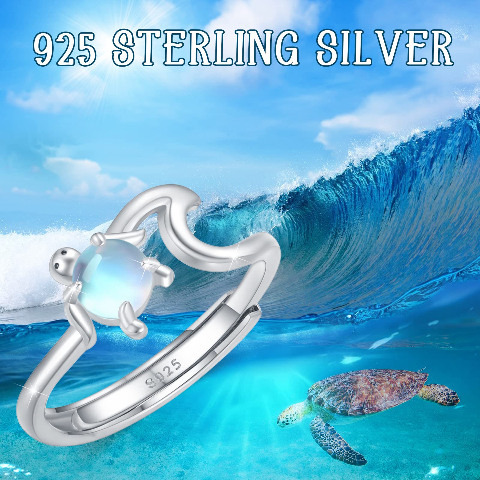 Adjustable Turtle Ring Sterling Silver Moonstone Ring Animal Ring Turtle Jewelry Gifts for Women Teen Girls Birthday Halloween Christmas