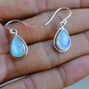 Natural Rainbow Pear Moonstone Dainty Dangle Earring 925 Sterling Silver Wedding gift Jewelry