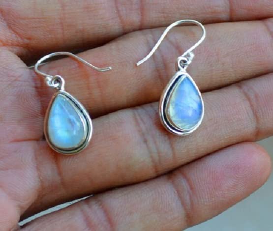 Natural Rainbow Pear Moonstone Dainty Dangle Earring 925 Sterling Silver Wedding gift Jewelry