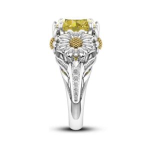 Jewels Store 2.5 Ct Round Cut Citrine Yellow Diamond Sunflower Design Engagement Ring in 925 Sterling Silver White Gold Finish (Silver, 7.5)