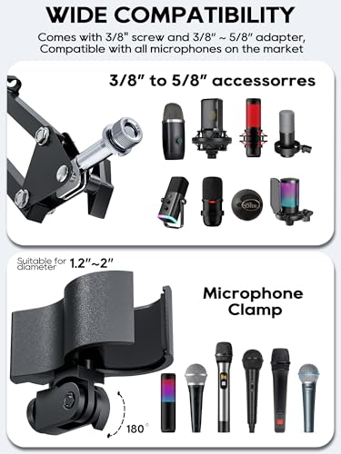 CACENCAN Boom Arm, 360° Rotatable Microphone Stand with Desk Mount, Foldable Desk Mic Arm with 3/8'' to 5/8'' Screw Adapter, Microphone Arm for Live Streaming, Gaming, Podcasting[Heightened Version]