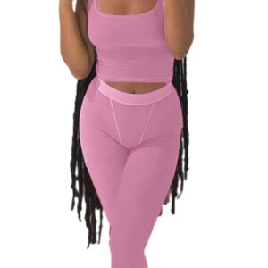 AYWA Casual Workout Sets Two Piece Outfits for Women Ribbed Crop Tank Top High Waist Leggings Active Wear (Pink, X-Small)