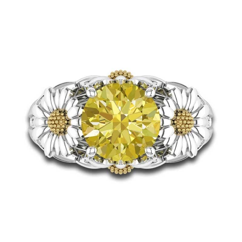 Jewels Store 2.5 Ct Round Cut Citrine Yellow Diamond Sunflower Design Engagement Ring in 925 Sterling Silver White Gold Finish (Silver, 7.5)