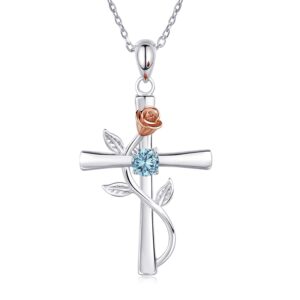 AM ANNIS MUNN Cross Necklace for Women, 925 Sterling Silver Birthstone Necklace for Women Rose Flower Birthstone Womens Jewelry Birthday Gifts for Women