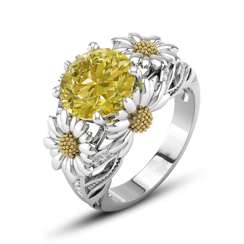 Jewels Store 2.5 Ct Round Cut Citrine Yellow Diamond Sunflower Design Engagement Ring in 925 Sterling Silver White Gold Finish (Silver, 5)