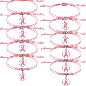 Palotay 10PCS Breast Caner Awareness Bracelets Pink Ribbon Braided Bracelets Breast Cancer Bracelets with Ribbon Pink Adjustable Breast Cancer Bracelets for Women Breast Caner Awareness Month Gifts,