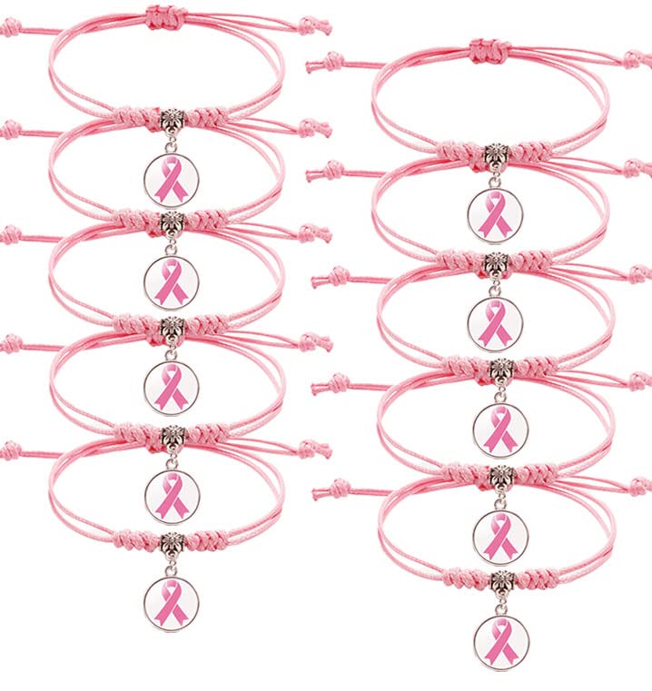 Palotay 10PCS Breast Caner Awareness Bracelets Pink Ribbon Braided Bracelets Breast Cancer Bracelets with Ribbon Pink Adjustable Breast Cancer Bracelets for Women Breast Caner Awareness Month Gifts,