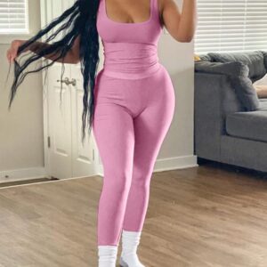 AYWA Casual Workout Sets Two Piece Outfits for Women Ribbed Crop Tank Top High Waist Leggings Active Wear (Pink, X-Small)