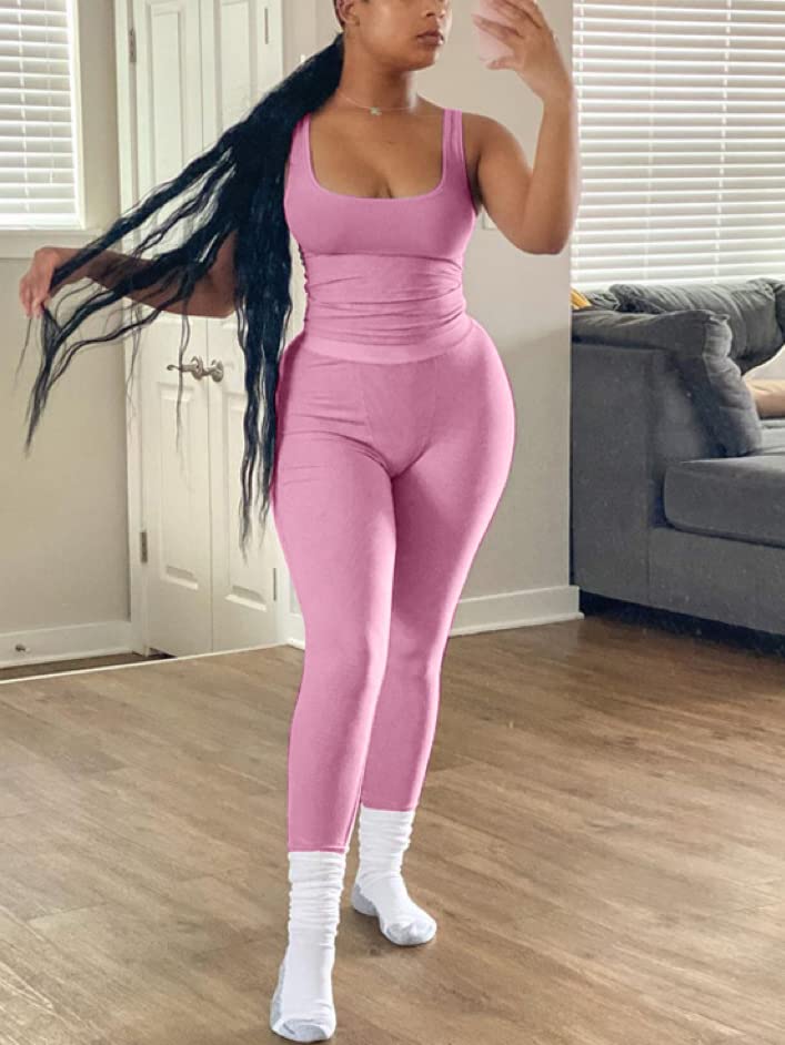 AYWA Casual Workout Sets Two Piece Outfits for Women Ribbed Crop Tank Top High Waist Leggings Active Wear (Pink, X-Small)