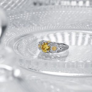 Jewels Store 2.5 Ct Round Cut Citrine Yellow Diamond Sunflower Design Engagement Ring in 925 Sterling Silver White Gold Finish (Silver, 5)