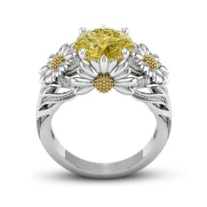 Jewels Store 2.5 Ct Round Cut Citrine Yellow Diamond Sunflower Design Engagement Ring in 925 Sterling Silver White Gold Finish (Silver, 5)