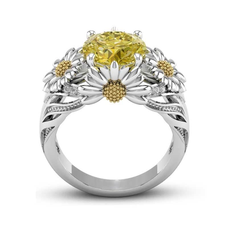 Jewels Store 2.5 Ct Round Cut Citrine Yellow Diamond Sunflower Design Engagement Ring in 925 Sterling Silver White Gold Finish (Silver, 5)