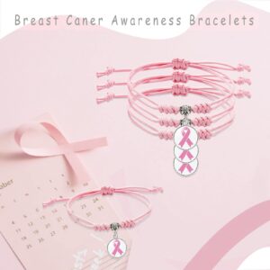 Palotay 10PCS Breast Caner Awareness Bracelets Pink Ribbon Braided Bracelets Breast Cancer Bracelets with Ribbon Pink Adjustable Breast Cancer Bracelets for Women Breast Caner Awareness Month Gifts,