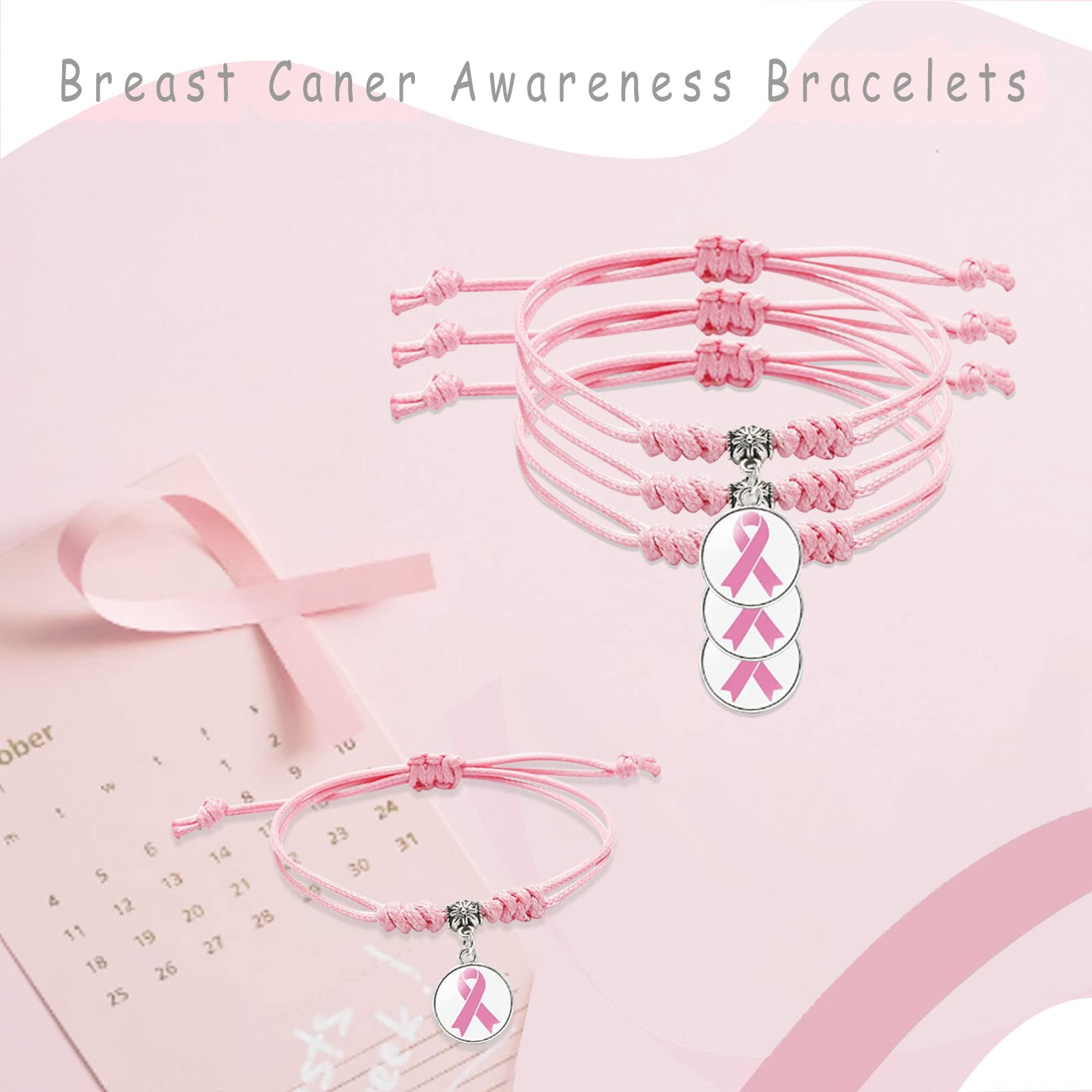 Palotay 10PCS Breast Caner Awareness Bracelets Pink Ribbon Braided Bracelets Breast Cancer Bracelets with Ribbon Pink Adjustable Breast Cancer Bracelets for Women Breast Caner Awareness Month Gifts,