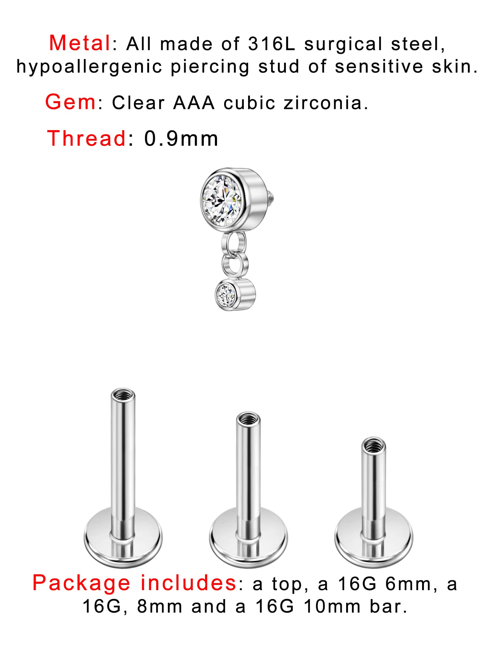 FANSING Clear CZ Dangle Earrings Stud Surgical Steel Silver Cartilage Conch Piercing Jewelry Helix Tragus Earrings Clear CZ End with 16g 6mm 8mm 10mm Internally Threaded Posts