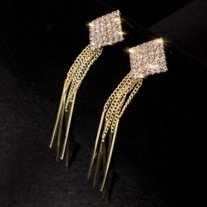 Merdia Tassel Dangle Drop Earrings for Women Fashion Long Thread Geometric Earrings with Shiny Cubic Zirconia Golden Color | Earrings for Women Trendy | Dangle Earrings | Tassel Earrings