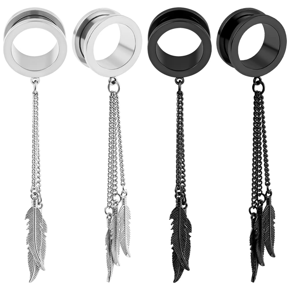 DOEARKO 2PCS Fashion Feathers Design Gauges for Ears Tunnels Dangle Chain Expander Stretchers Earrings 2g to 1 inch (10mm(00G), Silver)