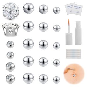 zs 21pcs fake belly button rings 8mm 10mm cz with eyelash glue, fake eyebrow rings nose lip labret studs replacement ball, non-piercing body skin jewelry (b)