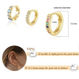 OPFIV 3 Pairs 14K Gold Plated Huggie Hoop Earrings for Women Hypoallergenic Dainty Evil Eye Multi-colors Cubic Zirconia Hoop Earrings Set Lightweight Small Tiny Hoops Jewelry