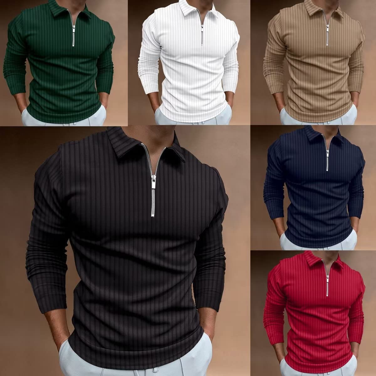 BURWOF Size S Green Mens Long Sleeve Polo Shirts Fashion Zipper Polos Casual Golf T-Shirts Stretch Ribbed Soft Tees for Men