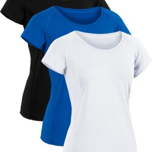 CADMUS Women's Workout Shirts for Running Yoga Tee Shirts Dry Fit,3 Pack,2501,Black & Blue & White,Small