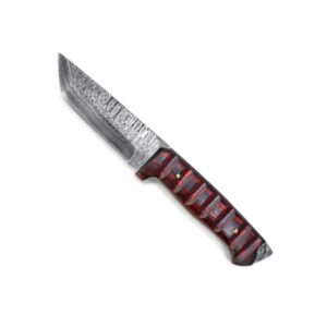 Titan International Knives Diver High & Low Carbon Damascus Steel Hunting Gear Survival Tanto Point EDC Tactical Blade Cherry Wood Handle with Leather Sheath Perfect for Camping Fishing (TD-275)