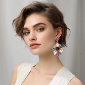 VANGETIMI Fashion Rhinestone Statement Drop Dangle Zinc Earrings Large Colorful Crystal Chandelier Earrings for Women Bridal Wedding Party Prom