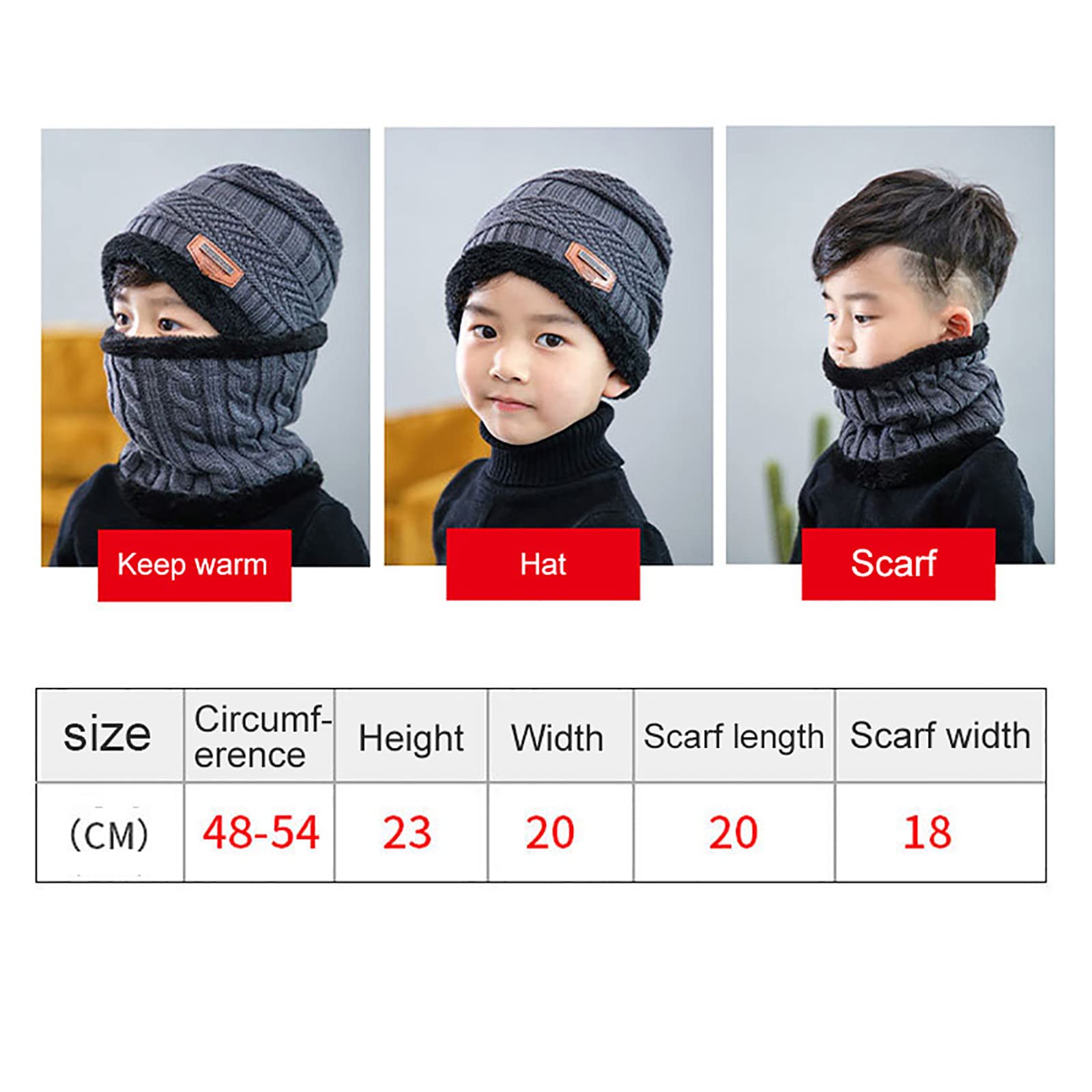 Kids Winter Warm Hat Circle Scarf 2Pcs Soft Warm Fleece Lining Beanie Slouchy Skull Cap for Boys Girls 5-14 Years Black