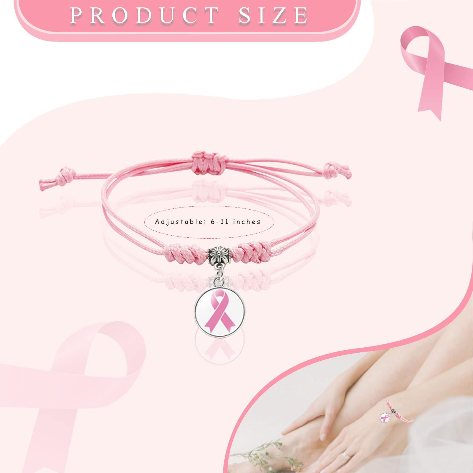 Palotay 10PCS Breast Caner Awareness Bracelets Pink Ribbon Braided Bracelets Breast Cancer Bracelets with Ribbon Pink Adjustable Breast Cancer Bracelets for Women Breast Caner Awareness Month Gifts,