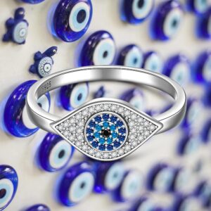 LOVGIFSET Evil Eye Ring Evil Eye Rings for Women Sterling Silver Greek Turkish Blue Eyes Blue Sapphire Protection Mal De Ojo Greek Nazar Amulet Jewelry Size 7