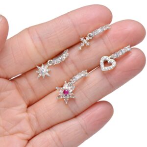 Tornito 10Pcs Dangle Nose Rings Hoop Butterfly Heart Moon Flower Star CZ Cartilage Earring Dangling Nose Body Piercing Jewelry 20G Silver Tone