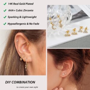 OPFIV 11 Pairs 14K Gold Plated Cartilage Studs Earrings and Hoops Set for Multiple Piercing Hypoallergenic Dainty Star Moon Evil Eye CZ Ball Chain Hoop Dangle Earrings for Women