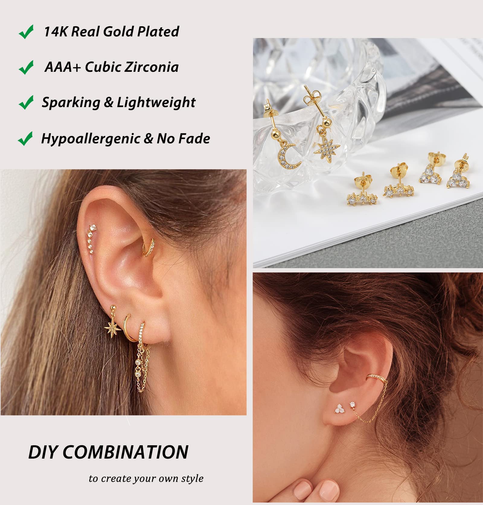 OPFIV 11 Pairs 14K Gold Plated Cartilage Studs Earrings and Hoops Set for Multiple Piercing Hypoallergenic Dainty Star Moon Evil Eye CZ Ball Chain Hoop Dangle Earrings for Women