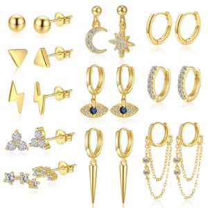 opfiv 11 pairs 14k gold plated cartilage studs earrings and hoops set for multiple piercing hypoallergenic dainty star moon evil eye cz ball chain hoop dangle earrings for women