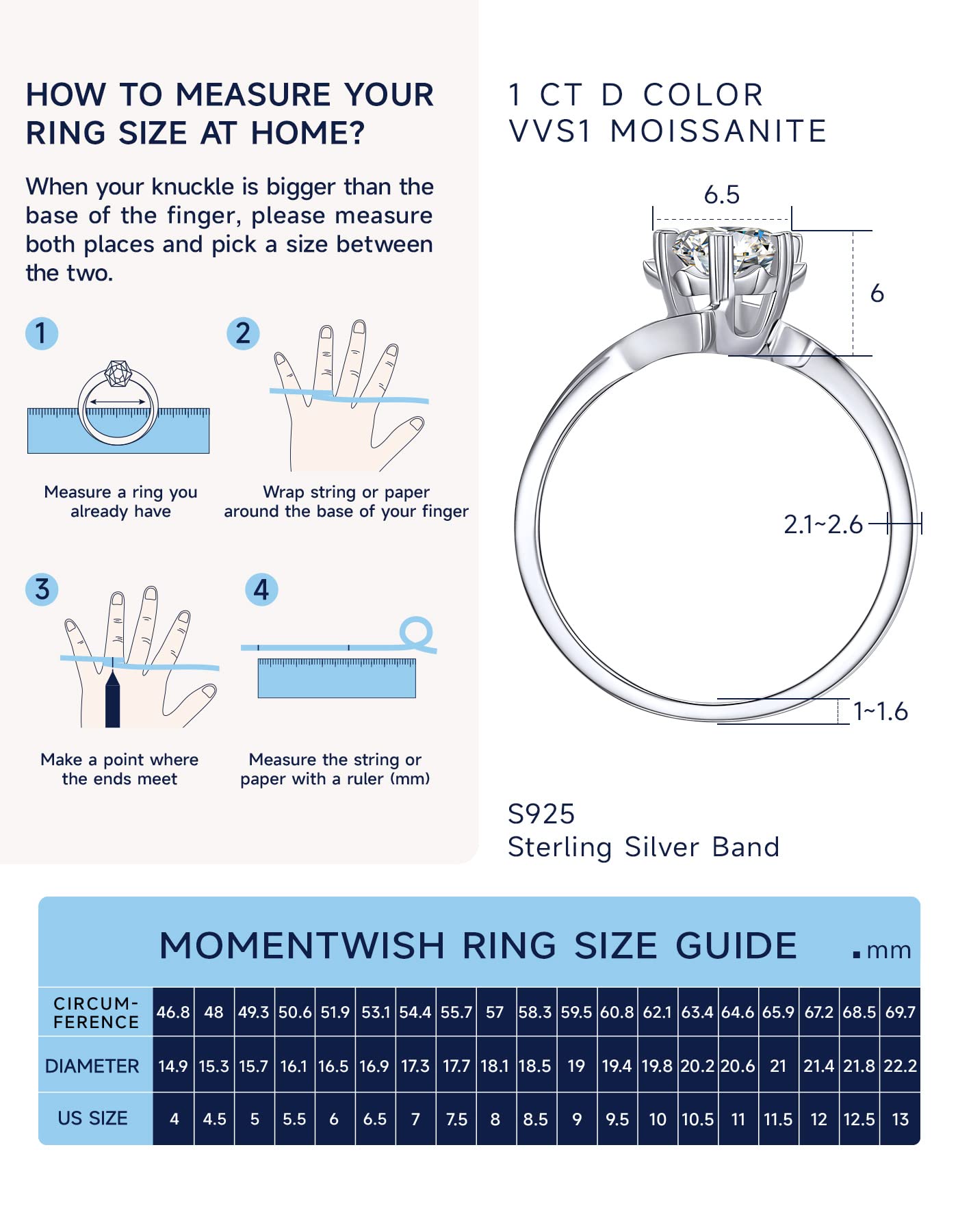 MomentWish Engagement Rings, 1Carat Moissanite Rings for Women, Simulated Diamond 925 Sterling Silver Solitaire Rings Anniversary Wdding Gift for Her-Size7