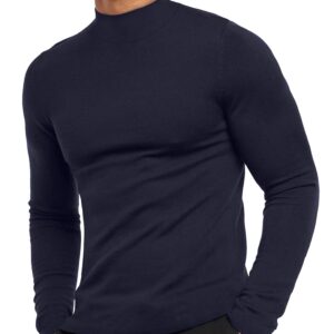 KINGBEGA Men's Regular Fit Basic Lightweight Long Sleeve Pullover Shirt Mock Turtleneck, Navy Blue1, Medium