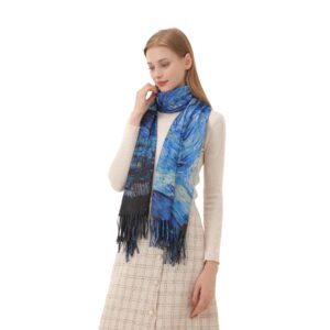 Cutewing Van Gogh Scarf Pashmina Shawl Wraps for Women Blue Cashmere Scarfs Fashion Boho Tassel Scarves Large Blanket Scarf Warm for Fall Winter