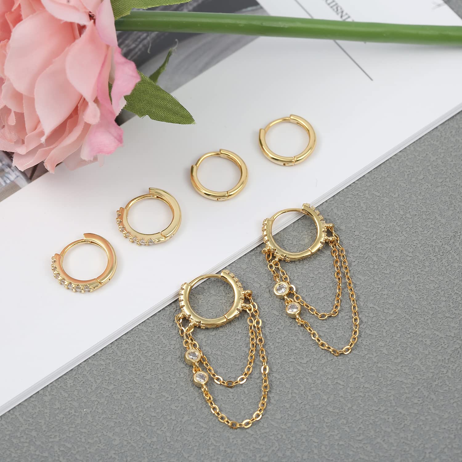 OPFIV 11 Pairs 14K Gold Plated Cartilage Studs Earrings and Hoops Set for Multiple Piercing Hypoallergenic Dainty Star Moon Evil Eye CZ Ball Chain Hoop Dangle Earrings for Women