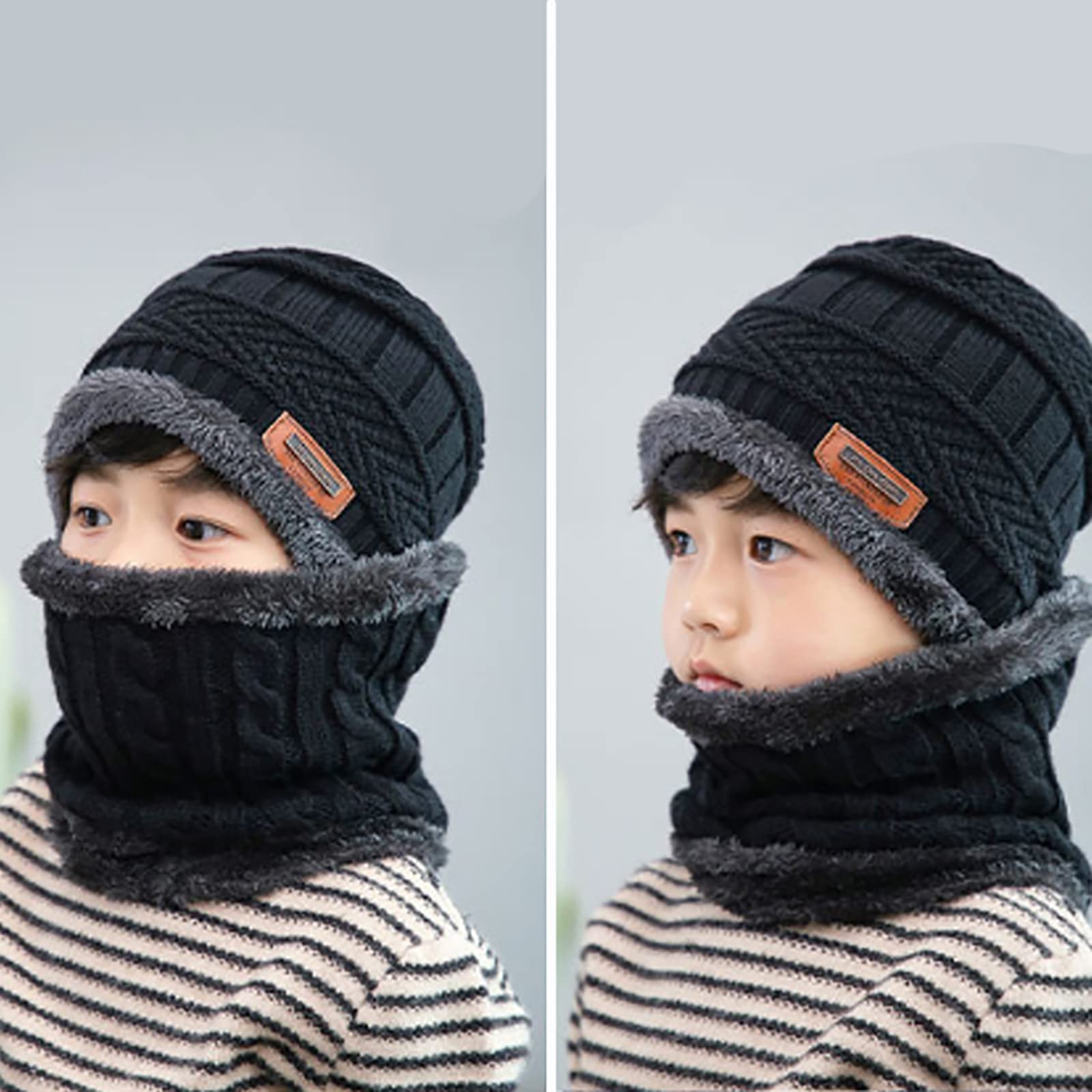 Kids Winter Warm Hat Circle Scarf 2Pcs Soft Warm Fleece Lining Beanie Slouchy Skull Cap for Boys Girls 5-14 Years Black