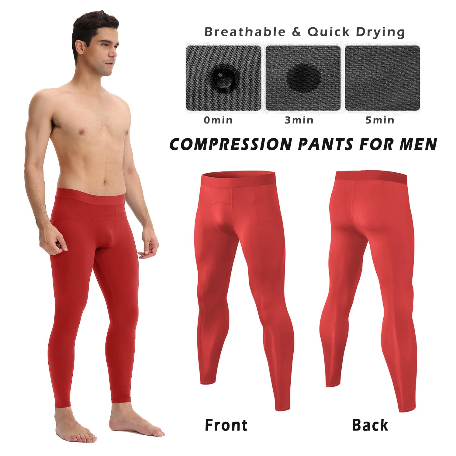 CARGFM Compression Pants for Men Basketball Football Tights Leggings Yoga Running Sports Workout Cool Dry Baselayer Red