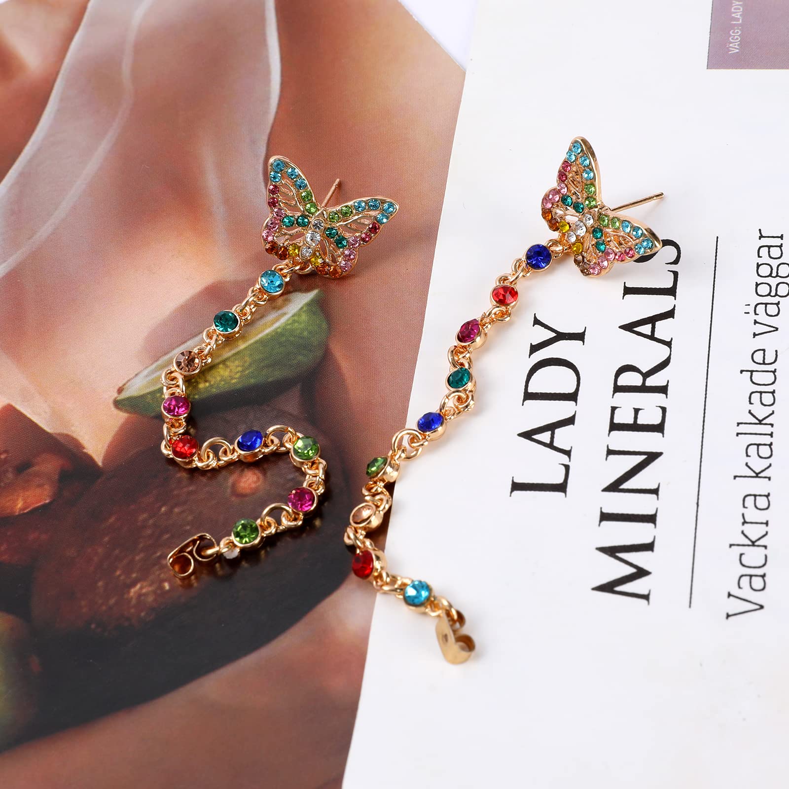 Colorful Butterfly Dangle Chain Earrings for Women Gold Crystal Rhinestone Tassel Climber Crawler Threader Chain Dangle Statement Earrings Drop Cartilage Double Holes Spring Summer Jewelry Gifts